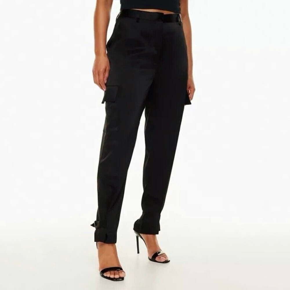 Aritzia Babaton Refined Satin Cargo Pant High Waist Buckle Cuff Trouser Black 14